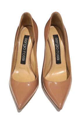 SERGIO ROSSI 37 Godiva Neutral Patent Leather Point Toe Pumps 6.5
