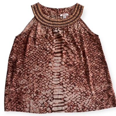 Kenar Sleeveless Top Brown Snakeskin Print Heavily Wood Beaded Neckline XL