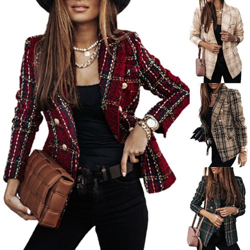 Women Long Sleeve Check Blazer Jacket Tartan Tweed Duster Coat Plaid