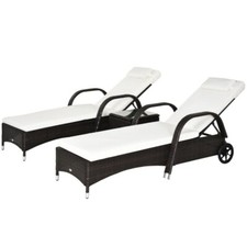 Rattan Sun Loungers Garden Set of 2 with Side Table Cushions and Headrest Brown