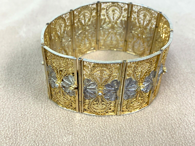 Vintage .800 Silver &Yellow Over Wide Panel Link Filigree Bracelet
