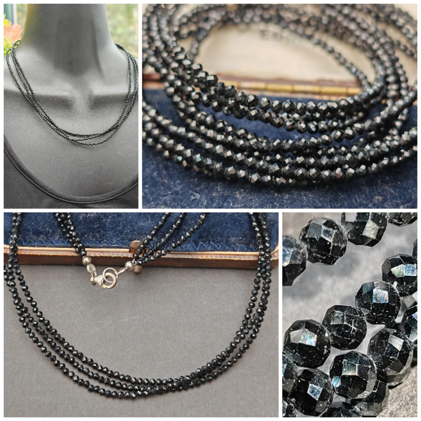 Delicate Tiny micro bead black onyx gemstone trip… - image 1