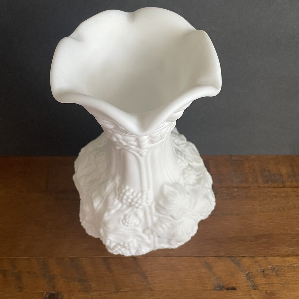 Vintage Imperial Glass Loganberry Pattern White Satin Milk Glass Vase