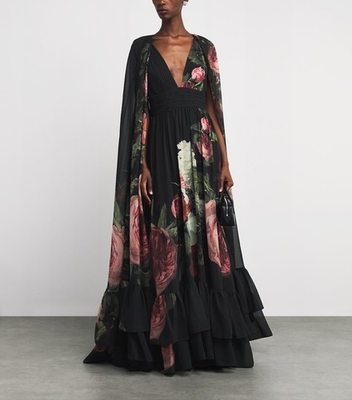 #ad #ad Alice Olivia Roya Gown Maxi Dress Black Floral With Cape Be Still Size 2 $575.00
