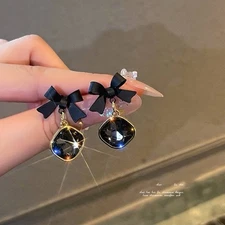 Black Bow Crystal Drop Earrings (2.54 Inch)
