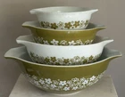 Set Of 4 Vintage Pyrex Spring Blossom Pattern Cinderella Green Bowl Set, 1970's