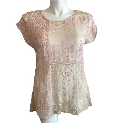 4 Love And Liberty Johnny Was Blush Pink Silk Eyelet Tunic L Lace Crochet Boho