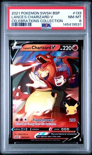 2021 POKEMON SWSH BLACK STAR PROMO CELEBRATIONS COLL LANCE'S CHARIZARD V PSA 8