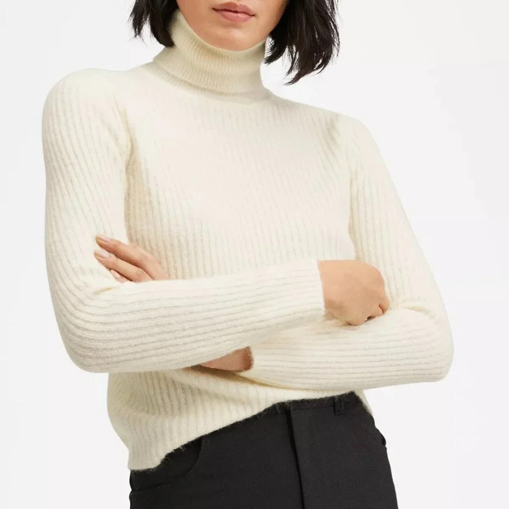 Mango Size M Cream Long Sleeve Ribbed Turtleneck Clean Girl Minimalist