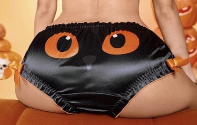 New L Glossy Black Satin Halloween Bat Face Bum Crinkle Edge Brief Panties