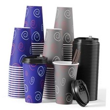 100 Pack 16 oz Paper Cups, Disposable Coffee Cups with Lids 16 OZ-blue and gray