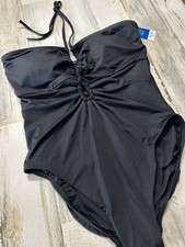 NWT Lands End Cut Out Multiway Halter Ruched High Leg Black 1-Pc Swimsuit Sz 10