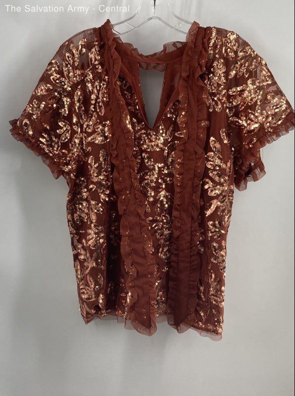 Anthropologie Womens Brown Floral Sequin Short Sleeve Blouse Top Size Medium