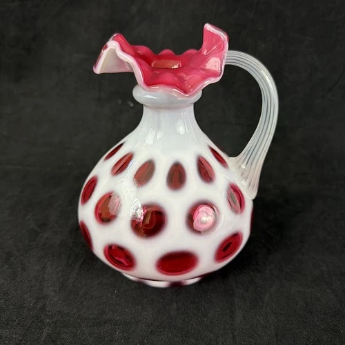 Fenton Art Glass Cranberry Opalescent Coin Dot 6.75" Cruet Pitcher Vintage