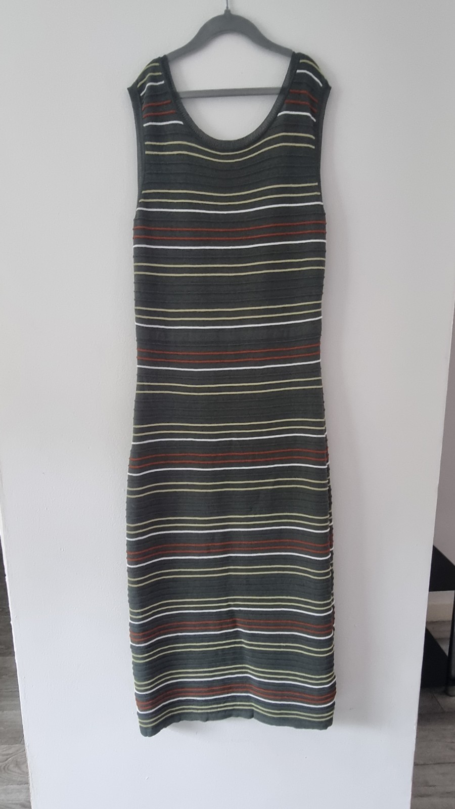 Next Khaki Green Stripe Knit Maxi Dress 12 Sleeveless Open Back Stretch Party image 6
