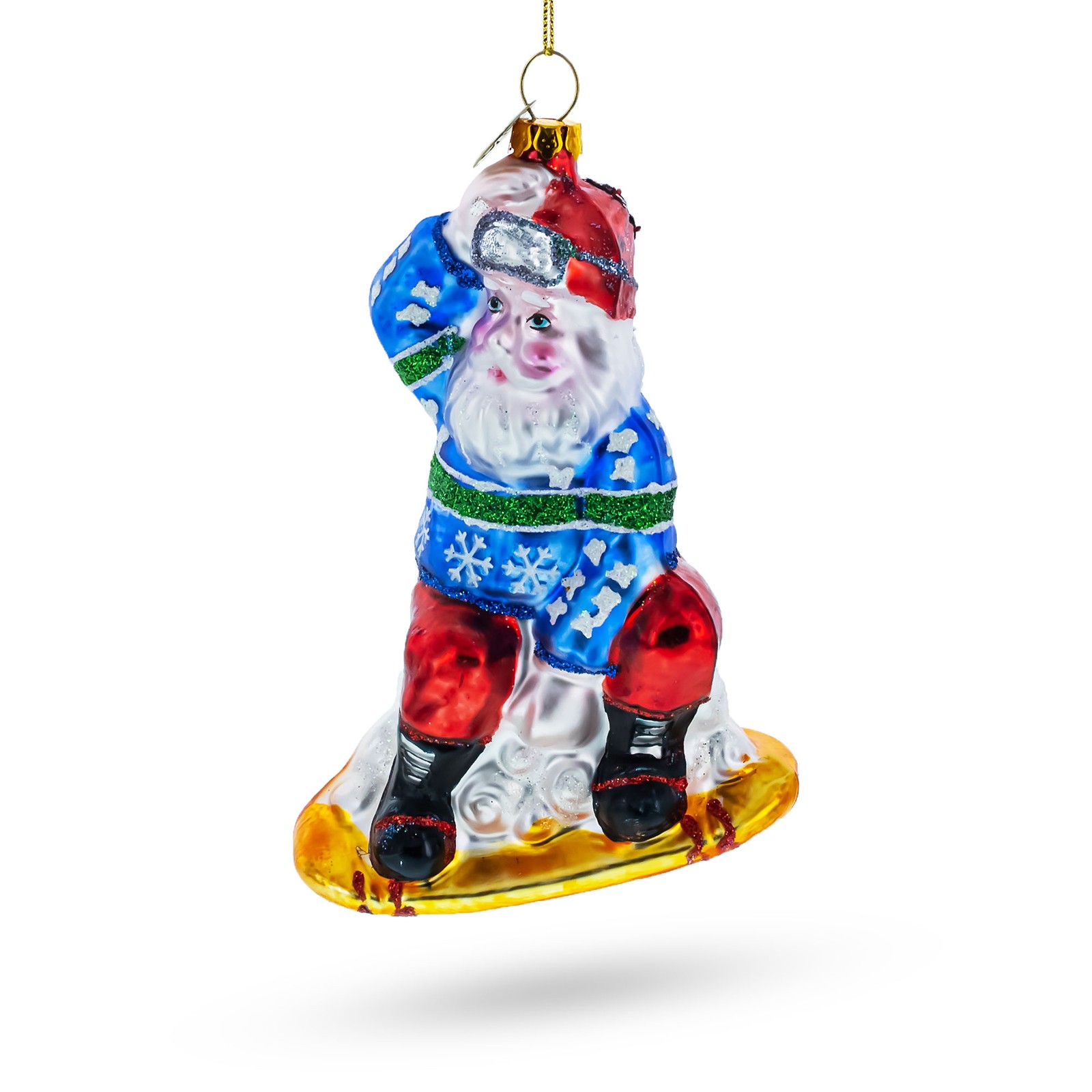 Snowboarding Santa Glass Ornament