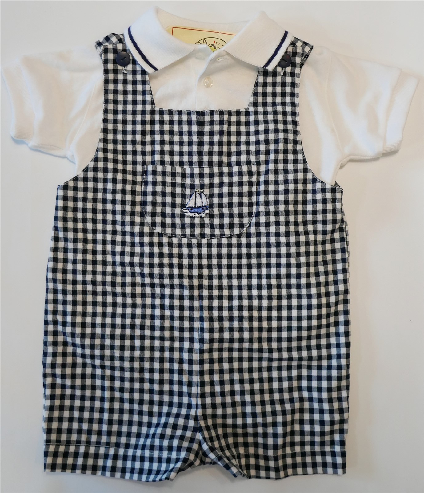VTG NWT Good Lad 2pc Blue Check Romper Jon Jon+White SS Shirt 18mo SAILBOAT