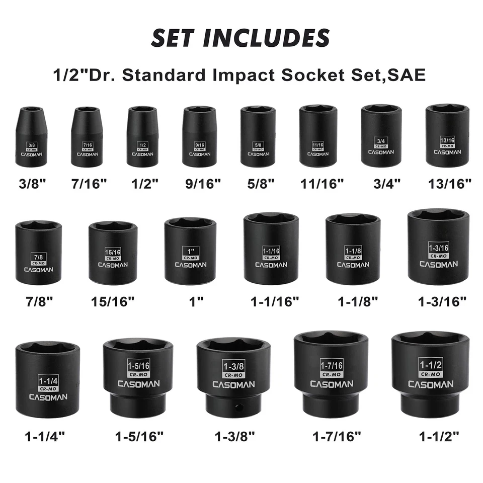19 Piece 1/2-Inch Drive Standard Impact Socket Set, SAE, Shallow, 3/8" to 1-1... - Image 2 of 4