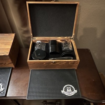 Pressice Barware Rocks Glass Set w/ Wooden Presentation Box, Clear/Brown