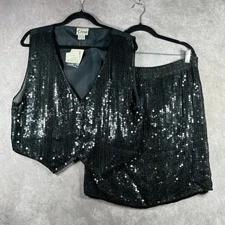 Vintage Cee Cee Tina Vest Skirt Set Womens Medium Black Silk Sequins Party NEW