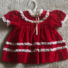 Girls Red/White A-Line Knee Dress Lace Bow Ruffle Puff Sleeves Button Back