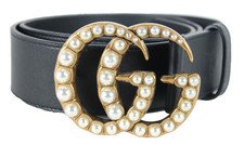 GUCCI Black Leather Gold Metal Faux Pearl Double GG Buckle Belt 75 30