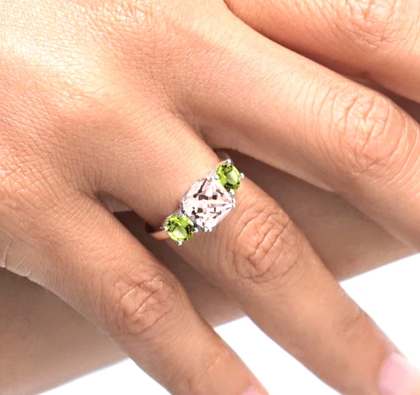 925 Sterlingsilber 3.06 Karat Natürlich Morganit Und Peridot Verlobungsring - Bild 3 von 4