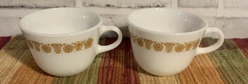 Set Of 2 Vintage PYREX Corning Butterfly Gold Coffee Mug Cup White Glass USA