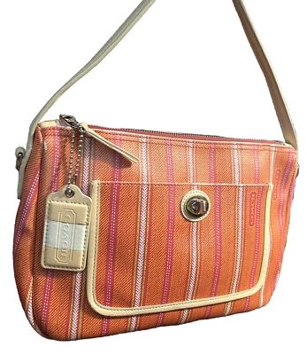 COACH STRIPE SIGNATURE HOBO SHOULDER BAG ORANGE 23468 ZIP FRONT COACH STRIPE SIGNATURE HOBO SHOULDER BAG ORANGE 23468 ZIP FRONT