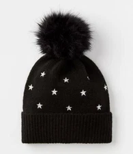 LOFT NWT Embroidered Star Faux Fur Pom Pom Hat - Black