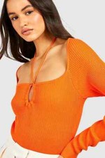Boohoo Orange Halterneck Rib Knit Bodysuit Size Small