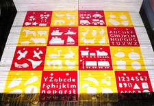 Vtg  16 Red  Yellow Plastic Shapes, Animals, Alphabet Small Tracing Stencils