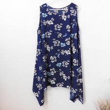 Vintage Dress Sleeveless Knee Length Blue Floral Tunic Asymmetrical Hem Top OS