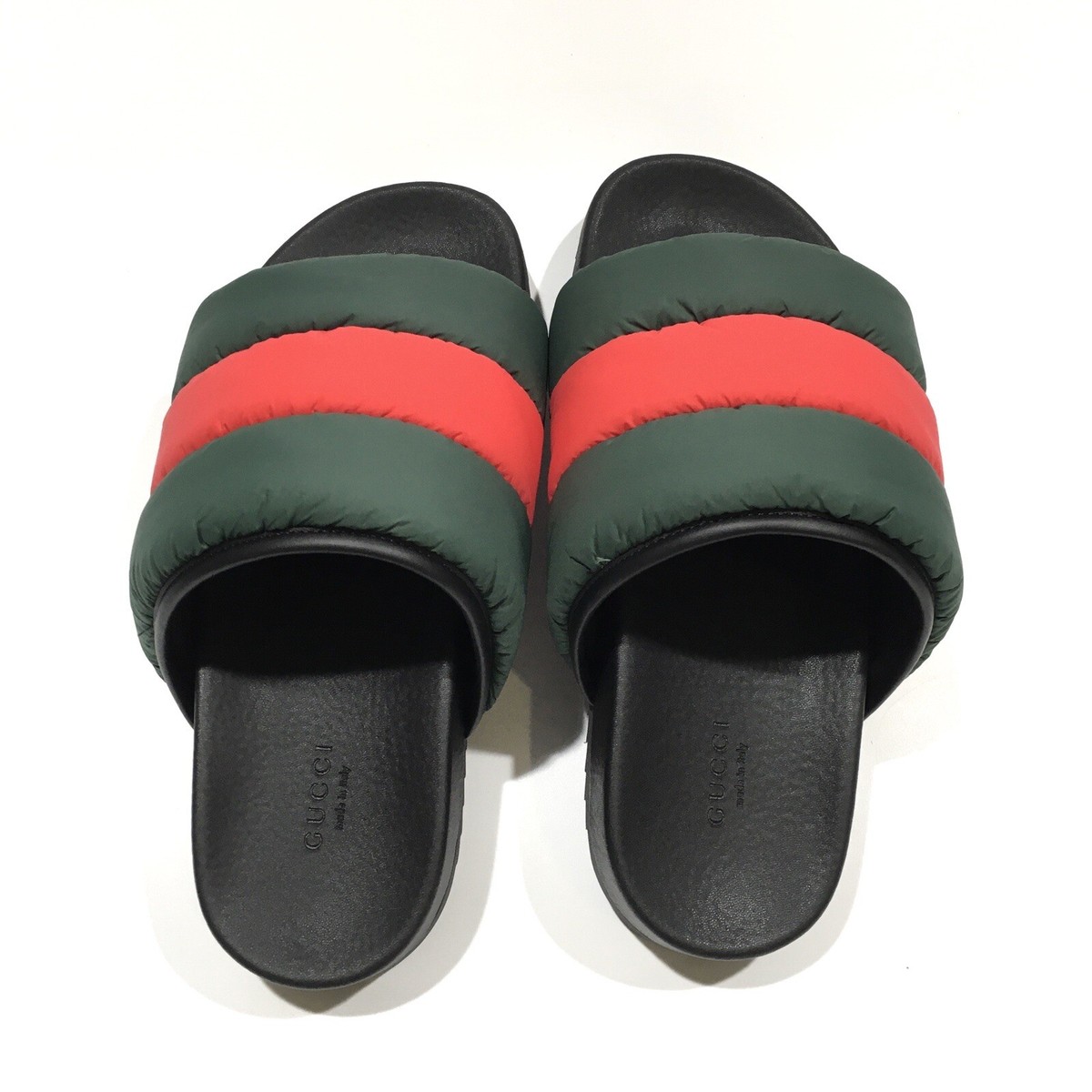 GUCCI PADDED WEB SLIDE SANDALS -GREEN / RED PUFFER NYLON -WOMEN'S
