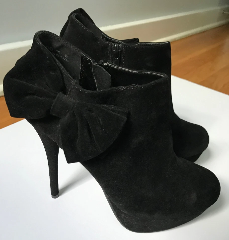 Mujer Terciopelo Negro Botines Botas Tacones Altos con Lazo, Cremallera, Talla 8.5 Y2K Foto 2 de 4