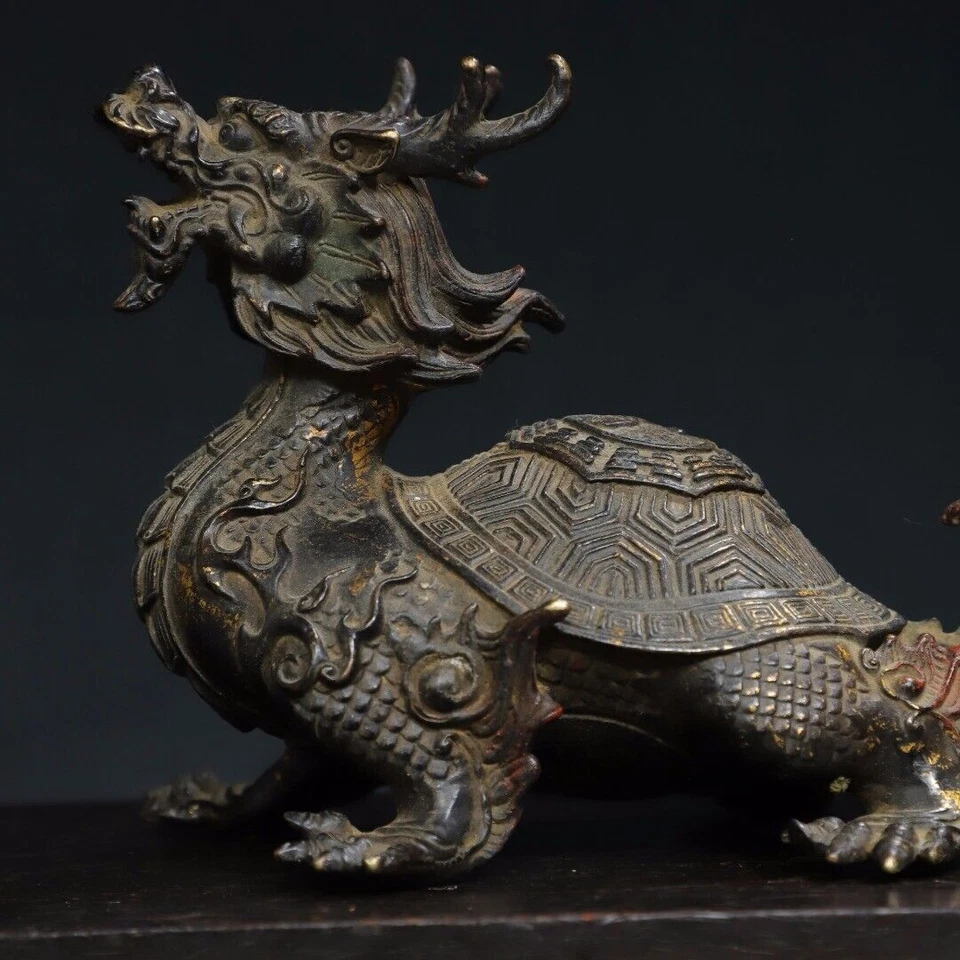 Antigua estatua de tortuga dragón dorada bronce dinastía qing hecha a mano de China de 7,5" Foto 2 de 4