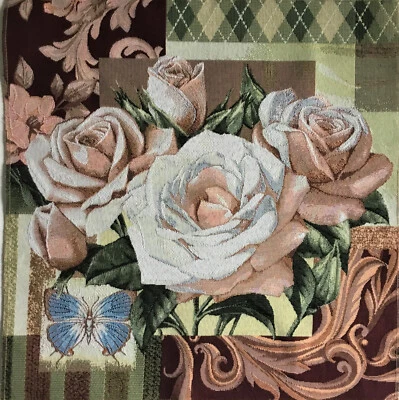 MARKENLOS Gobelin Tapisserie Tapestry Wandteppich Paneel Basteln Stoff weiße Rosen 50x50cm