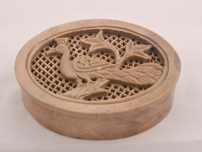 Vintage Trinket Jewellery box peacock Design Made Jaali Carving Work Oval Shape