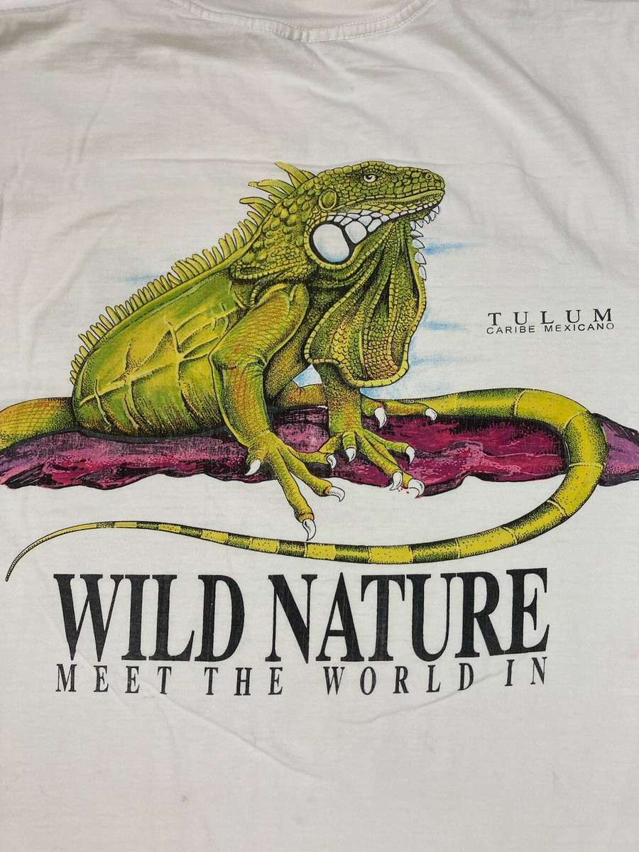 VINTAGE Wild Nature Meet The World Iguana Graphic T-shirt Men Large White  90s