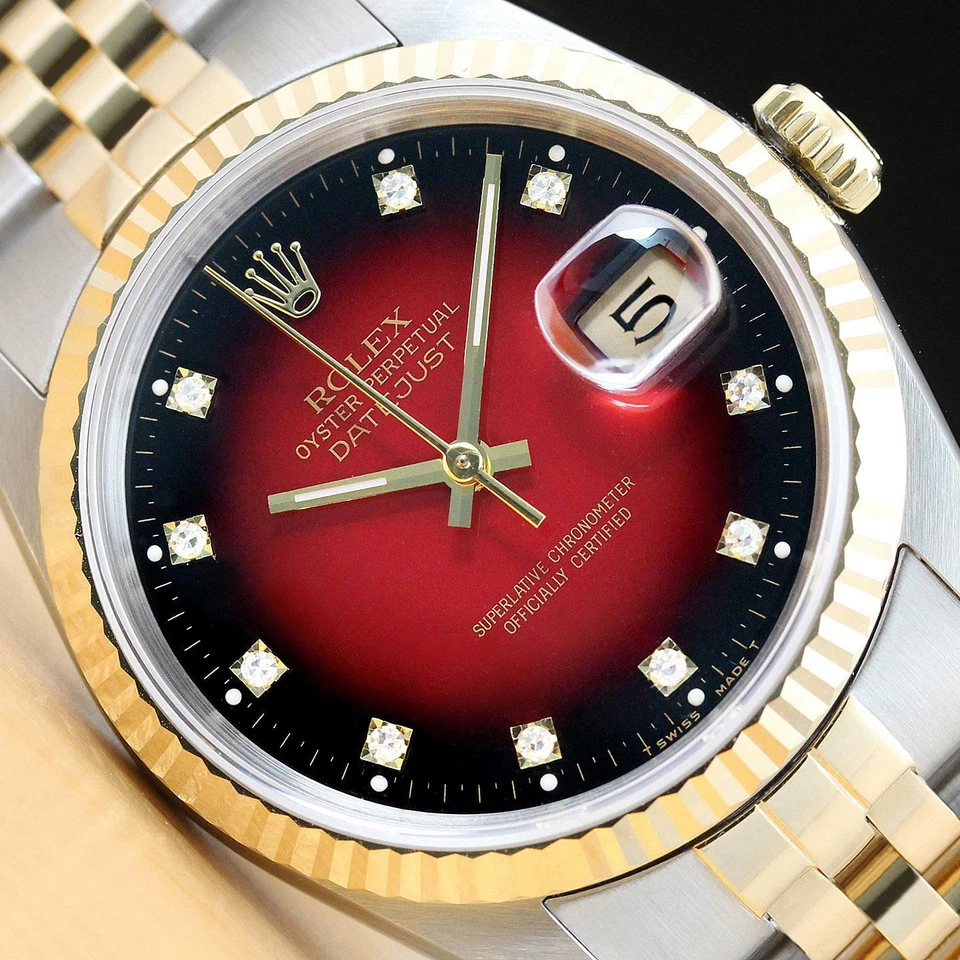 RELOJ ROLEX DATEJUST 16233 VIÑETA ROJA DIAMANTE DE FÁBRICA 2 TONOS QUICKSET PARA HOMBRE
