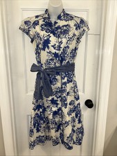 Merona Dress Women’s Small Blue/Ivory Floral Cap Sleeve Midi Belted Lined