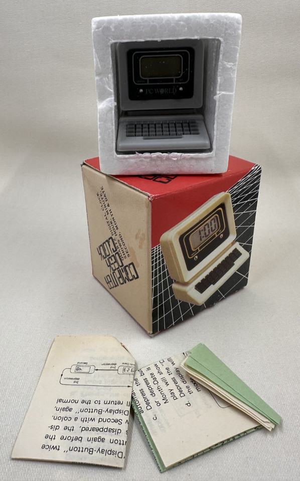A boxed vintage PC World alarm clock from Taiwan — the kind of obscure 80s tech artifact that makes vintage nerds lose their minds.