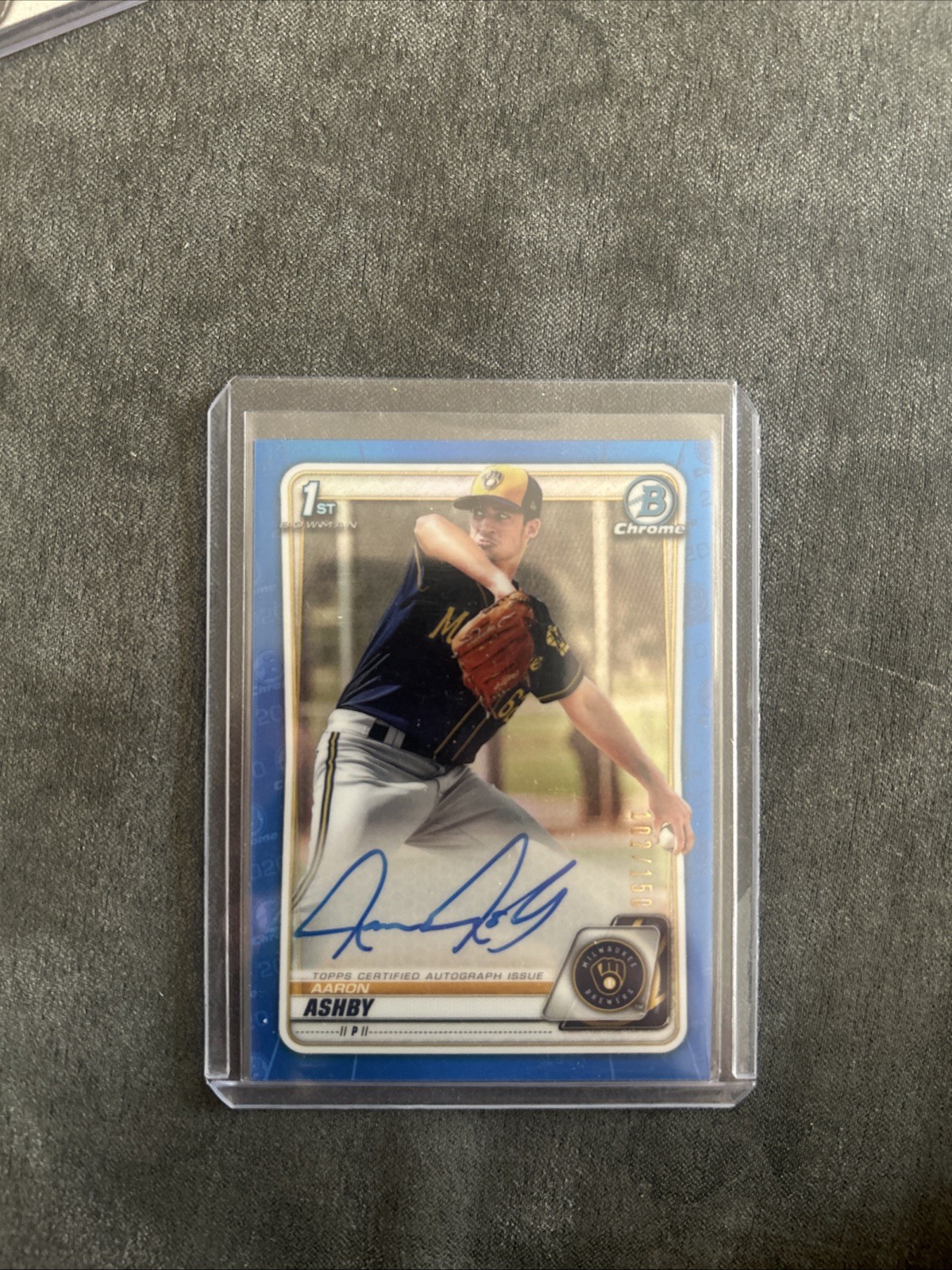 2020 Bowman Chrome Aaron Ashby 1st Bowman Auto True Blue Refractor /150 Brewers