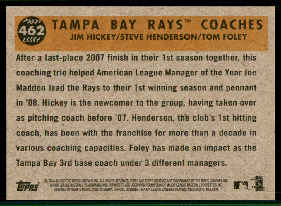 2009 Topps Heritage SP Short Print #462 Coaches Tampa Bay Rays - Image 2 of 2