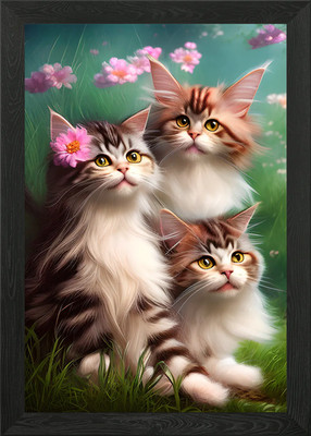 Niedliche Katze Katzen auf Wiese gerahmtes Wandbild Poster Leinwanddruck Bild