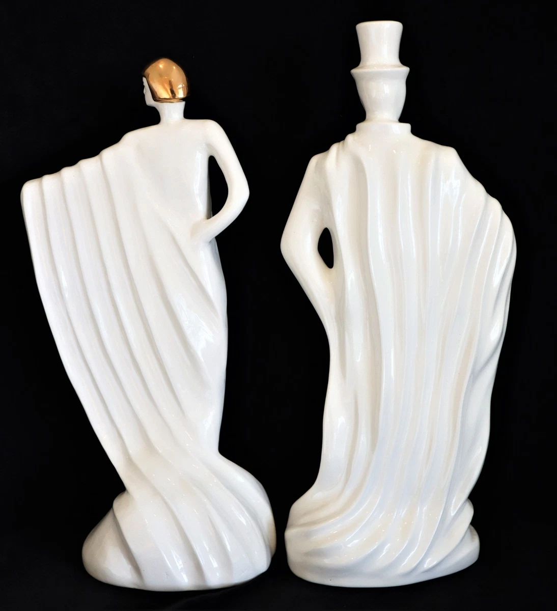 Vintage Mid Century Art Deco Style Pair of white & Gold Ceramic Figurines