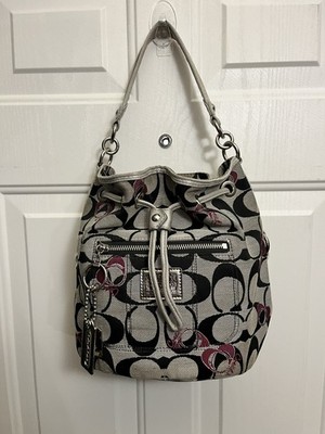 Coach Poppy Signature C Bucket Bag Women Black Silver Good Crossbody 18755