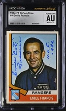 Emile Francis Signed 1974-75 O-Pee-Chee Card #9 OPC Rangers CGC AU JSA 10 Auto