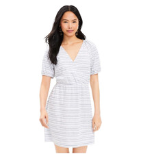 LOFT Striped Jacquard Puff Sleeve Dress midi black brown neutral M career EUC