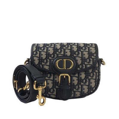 Christian Dior Oblique Bobby Canvas Leather Shoulder Bag Navy Blue